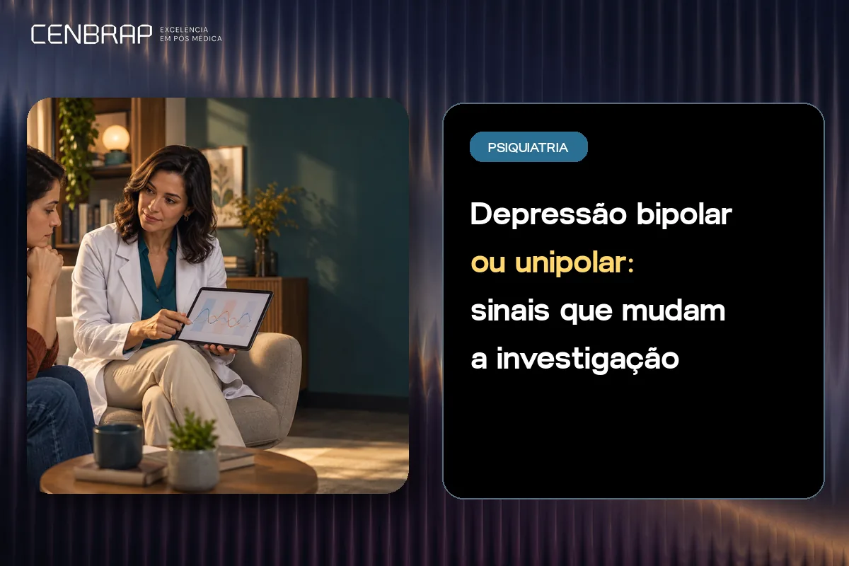 Psiquiatra de jaleco sentada numa poltrona consulta um tablet durante atendimento no consultório.