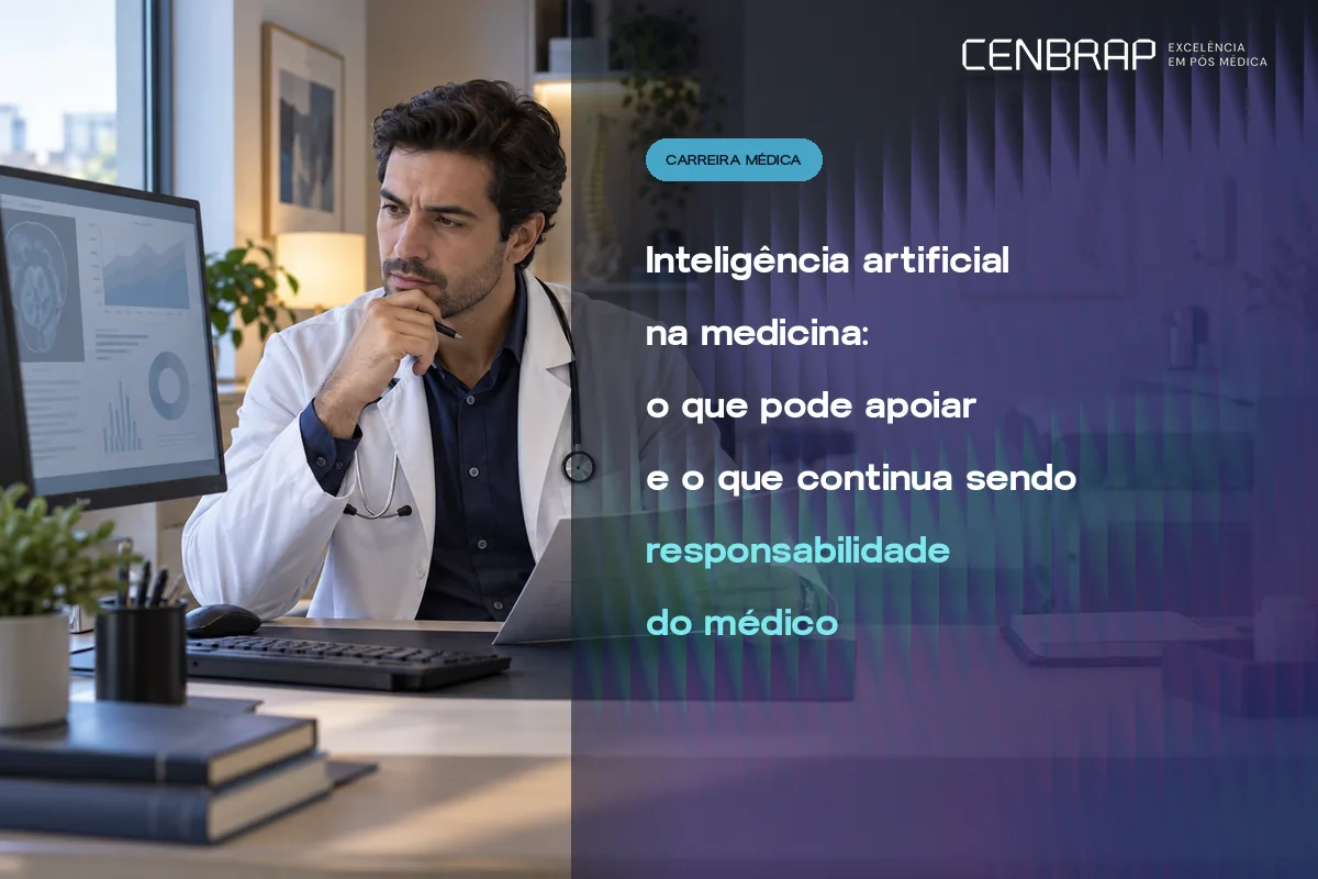 Médico de jaleco e estetoscópio, com a mão no queixo, analisa gráficos clínicos na tela de um computador no consultório.