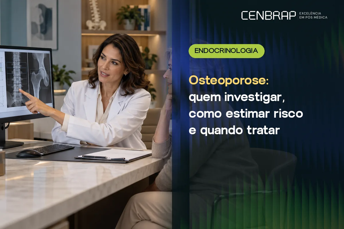 Médica de jaleco aponta para imagens de coluna e quadril na tela do computador enquanto conversa com uma paciente no consultório.