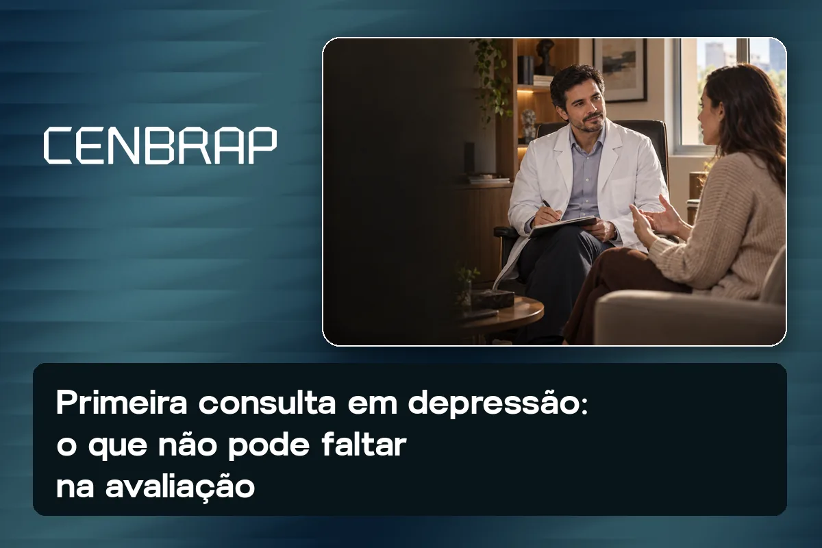 Médico de jaleco conversa com uma paciente sentada à sua frente no consultório, enquanto faz anotações numa prancheta.