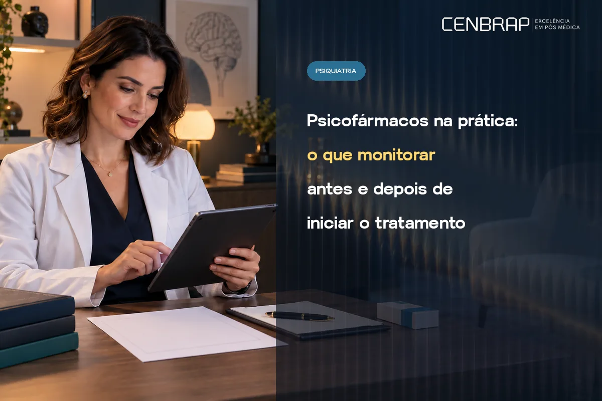 Médica de jaleco branco sorri enquanto consulta um tablet à mesa do consultório, com papéis e caneta à frente.