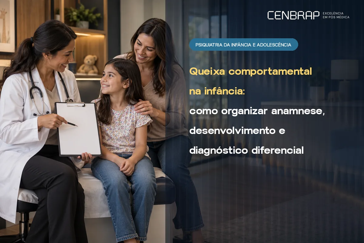 Médica mostra uma prancheta a uma menina sentada na maca, com a mãe ao lado, num consultório pediátrico.