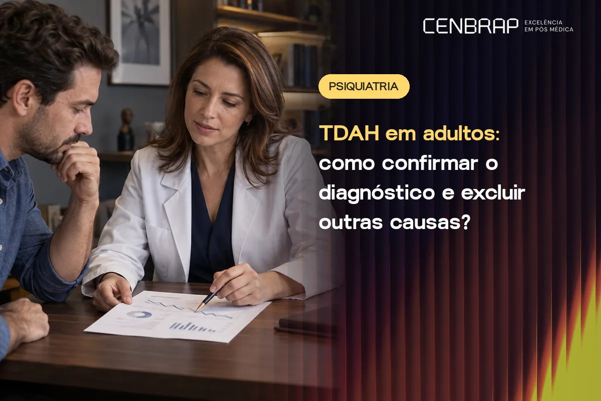 Psiquiatra aponta para uma folha com gráficos sobre a mesa enquanto um paciente adulto acompanha, pensativo.