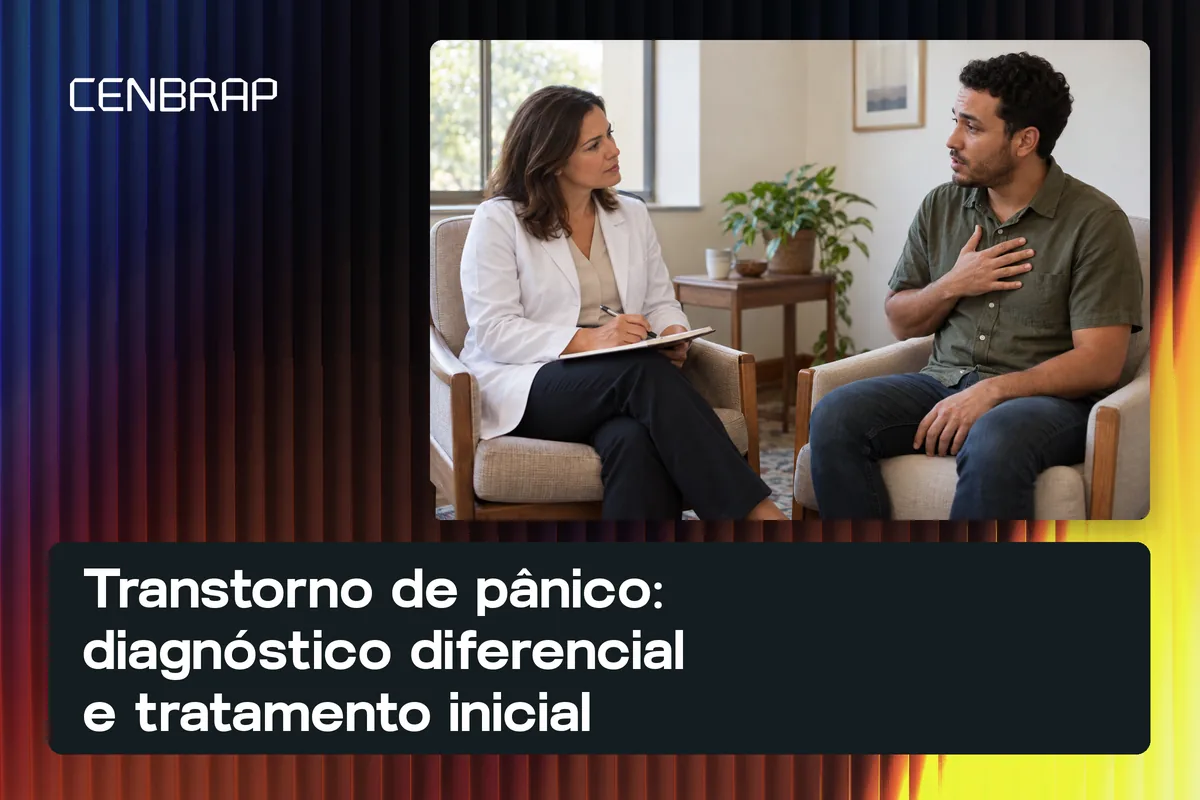 Médica e paciente em consultório; ele leva a mão ao peito enquanto descreve palpitações e falta de ar.